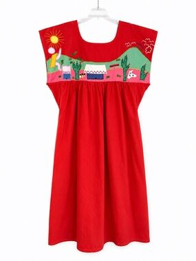 Vintage Mexican Embroidered Dress Red Folk Art Boho Mini
